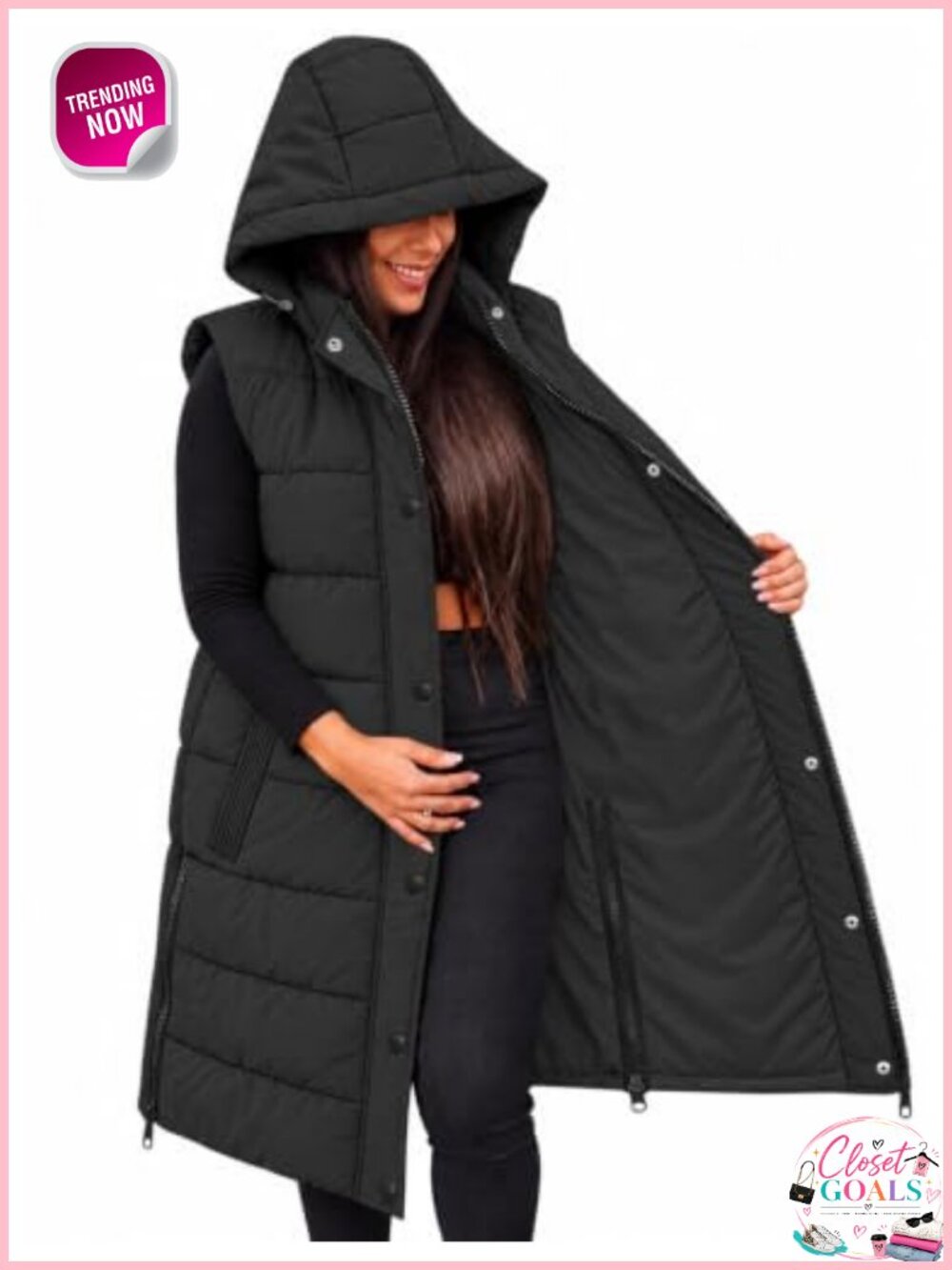 Long Hooded Quilted Puffer Vest Sleeveless Zip Coat